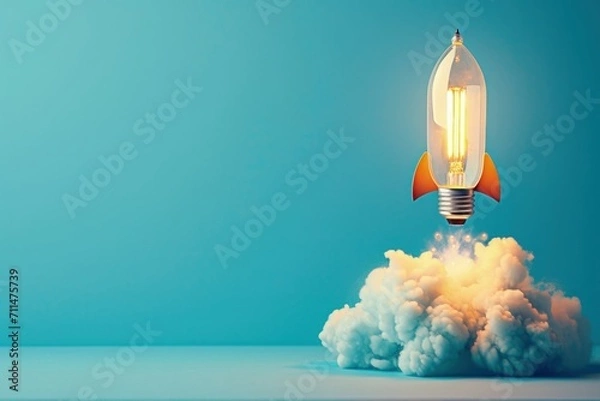 Fototapeta Light bulb taking off like rocket on blue background, startup and business concept.	