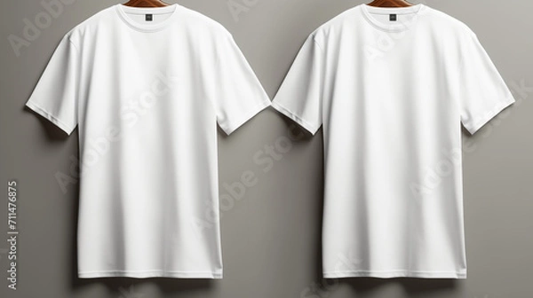 Fototapeta White t-shirt on hangers on wooden background. Mock up set