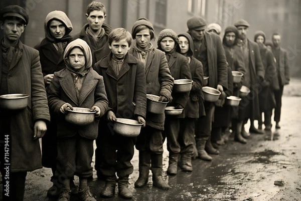 Fototapeta Hungry people in the time of great depression  Generative Ai