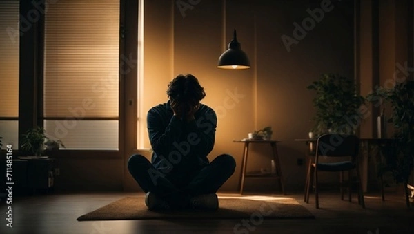 Fototapeta a photo of a man sitting in a dark room holding his head shows an expression made by AI generative