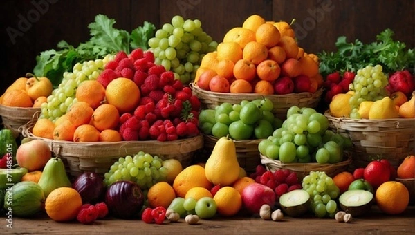 Fototapeta photo of a group of colorful fruits in a basket made by AI generative