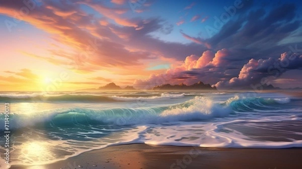 Obraz An ultra-realistic seascape during a sunset, vibrant hues painting the sky, waves gently breaking on sandy shores, distant silhouettes of coastal mountains - Generative AI
