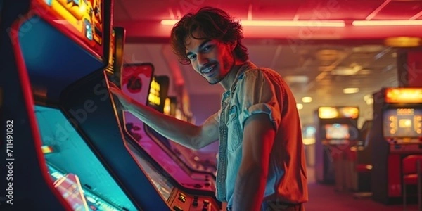 Fototapeta Young retro 80s style man posing in a retro arcade machine room