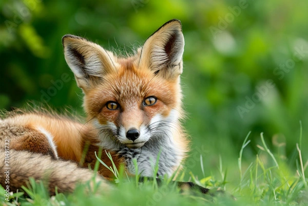 Obraz Young Red Fox Lying on the Grass in A Green Natural Background, ai technology