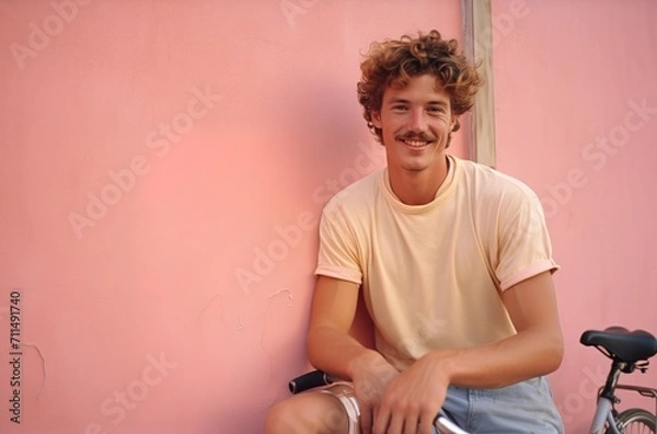 Obraz Retro 80s style handsome young man with mustache, leaning on a peach fuzz colored wall
