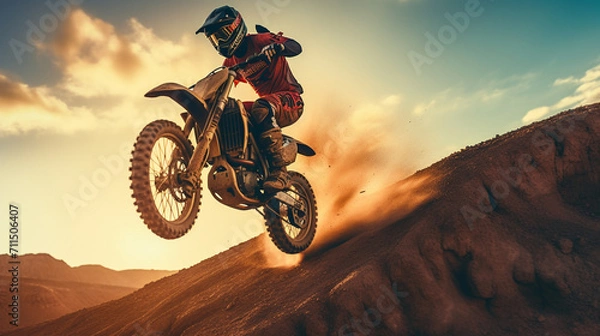 Fototapeta Airborne Adrenaline: Motorcycle Stunt Soaring Across Canyon Skies