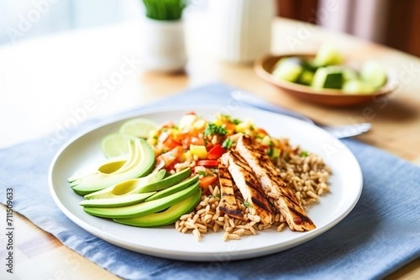 Fototapeta farro with grilled chicken strips and avocado slices