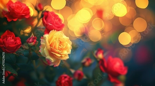 Fototapeta "Soft-focus red and yellow roses with festive bokeh lights"