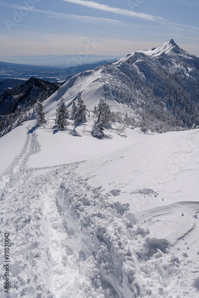 Obraz 剣ヶ峰山から武尊山に向かう登山道から見た冬の剣ヶ峰山