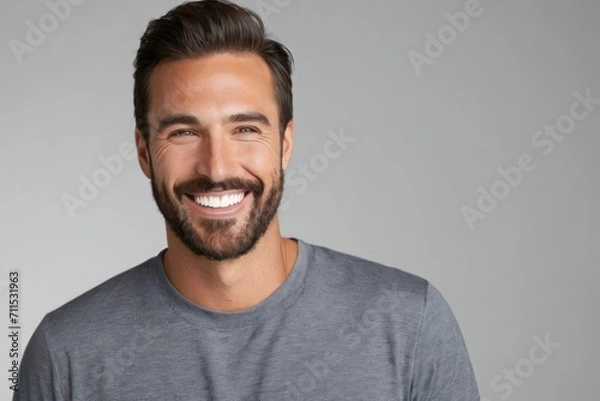 Fototapeta Portrait smiling brutal bearded man with white teeth, healthy hair and skin. Concept of studio shot of advertising a dentist and facial care. Generative AI