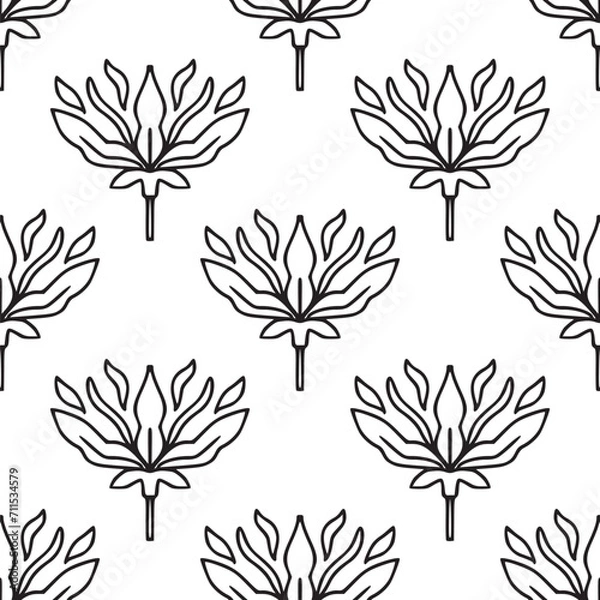 Fototapeta Simple seamless pattern with folk linear flowers. Black and white. Vintage, retro style texture for textile, fabric, home decor, wallpaper. Abstract bohemian line art background. Stylized florals
