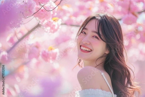 Obraz 桜と笑顔の日本人女性のポートレート（春・花見・卒業・入学・幸せ）