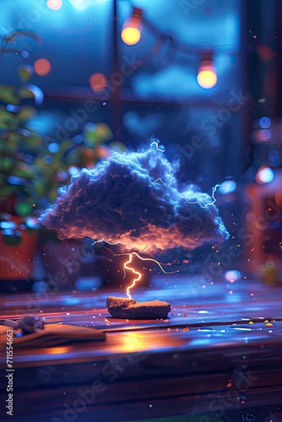 Fototapeta A tiny dark cloud with lightning above a desk