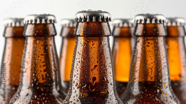 Fototapeta Close-up view of fresh bottles of beer