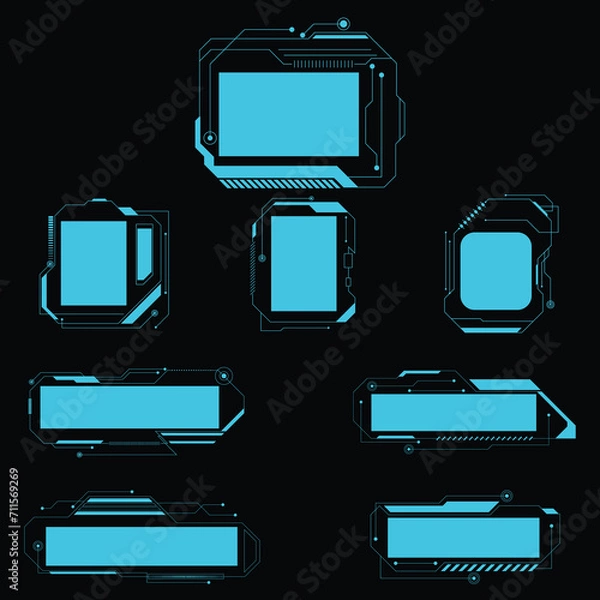 Fototapeta Sci Fi HUD modern futuristic user interface square Frames blocks Set. High tech screen digital hologram window. Sci Fi HUD 現代未来的なユーザー インターフェイスの正方形のフレーム ブロック セット。 ハイテク スクリーン デジタル ホログラム ウィンドウ。