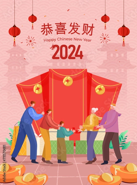 Obraz Chinese New Year 2024 greeting card. Illustration of grandparents giving kid lucky money with large red envelopes on behind. Translation:Wishing you prosperity and wealth