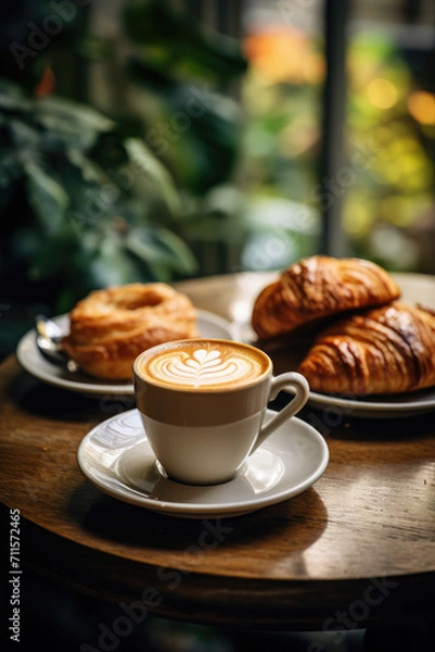Fototapeta Lunch tea time, bread enjoyed with coffee