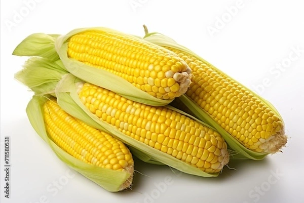 Fototapeta Vibrant and succulent corn cobs, freshly harvested and isolated on a clean white background