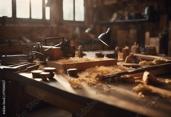 Fototapeta Wood working desk near the window with incandescent lighting Wood working tools and wood shavings