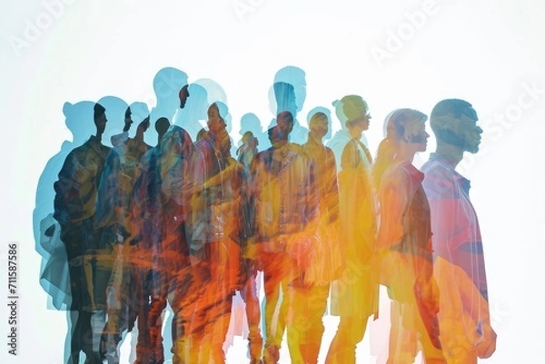 Fototapeta Captivating artwork depicting a group of diverse friends standing in line, embodying the unique style of shaped canvas. This piece celebrates human connection and diversity, offering a profound visual