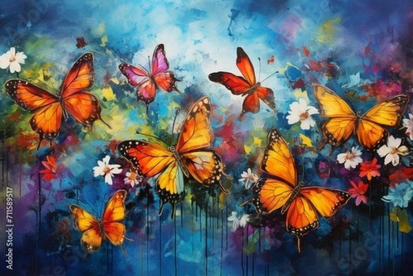 Fototapeta A colorful painting with butterflies, flowers, and watercolor splashes. Generative AI