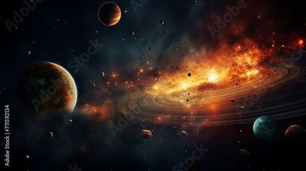 Fototapeta Vivid solar system with planets orbiting a fiery sun against the backdrop of deep space
