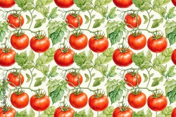Fototapeta Seamless watercolor pattern of ripe tomatoes and green leaves on white