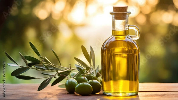 Fototapeta Glass bottle with olive oil, green olives on wooden table against the backdrop of garden of olive trees. Healthy oil for cooking, growing olives, blurred natural garden bokeh background