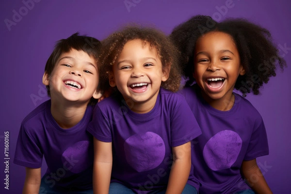 Obraz Portrait of three laughing Toddler children of different races on bright purple background. Multicultural group of little happy children, cheerful childhood, kindergarten concept, friends 