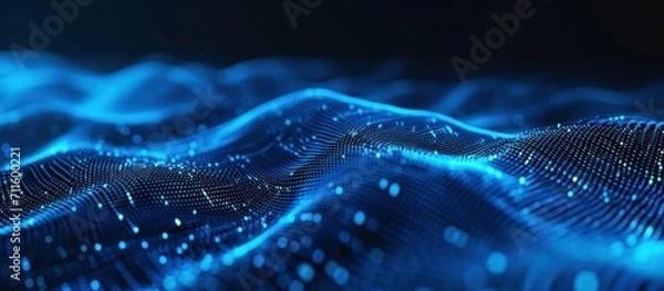 Fototapeta Network security, Wave of dots and weave lines. Abstract Blue Background for design on the topic of cyberspace, big data, metaverse, , data transfer on dark Blue abstract cyberspace background