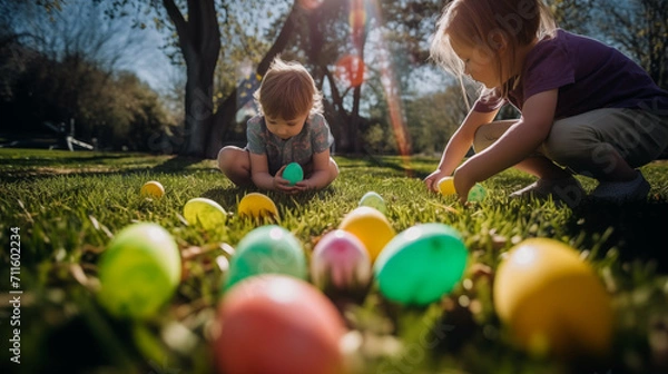 Fototapeta Easter Egg Hunt, Children Looking for an Easter Egg | Ai generated