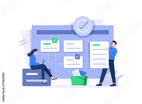 Fototapeta Schedule planning,filling check list, making schedule using calendar. Business and organization concept,Characters planning work tasks