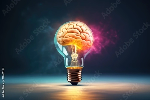 Fototapeta Brain energy lightning and thunderbolt flashes. Oxidative phosphorylation, cerebral circulation, oxygen metabolism. Energy substrates and reserves crucial for neuronal activity. Glial cells, astrocyte