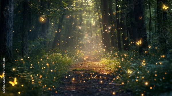 Fototapeta A serene enchanted forest clearing, fireflies weave a luminous dance. Magical creatures join the celebration, casting spells amidst fairy dust, creating a mesmerizing symphony of nature's enchantment.