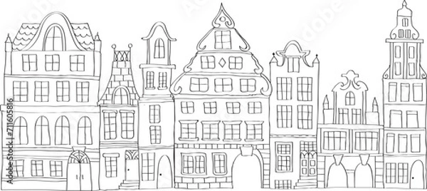 Fototapeta "
Tenement houses. Old, historical houses around the town market. Simple line design. Black and white. No background"
