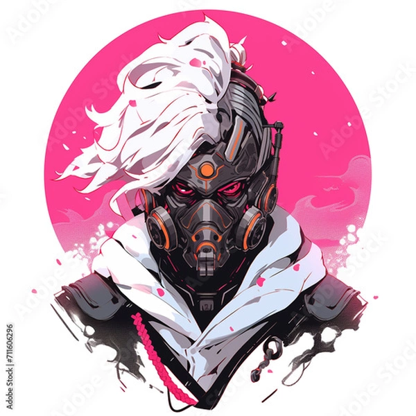 Obraz Digital Art Cyberpunk Ninja on White Background Isolated