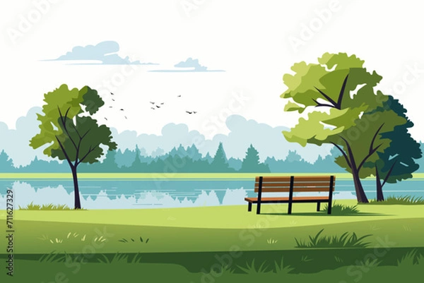 Obraz Landscape of a beautiful park. Wooden bench on the shore of the lake, green grass, trees, reflections in the lake, birds against the backdrop of a beautiful sky and clouds.