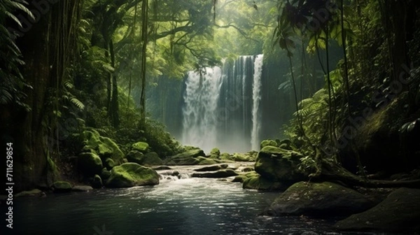 Fototapeta  A breathtaking waterfall in a lush rainforest, providing a serene area for text overlay amidst the cascading water and verdant foliage- Generative AI
