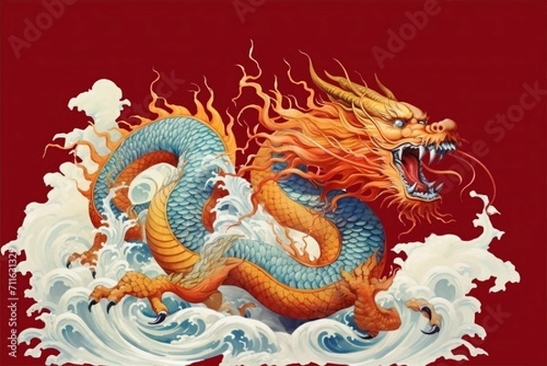 Fototapeta the dragon on the ocean isolated on red background