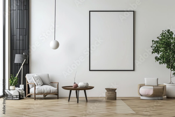 Fototapeta Living Room With White Walls and Wooden Floors, A Cozy and Minimalistic Space