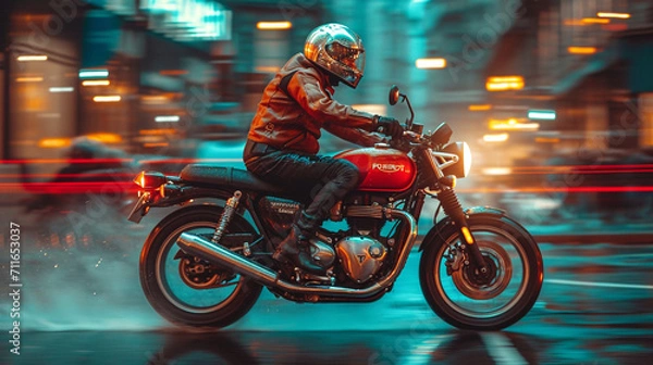 Fototapeta A visually powerful image of a motorcycle policeman on duty, navigating through city traffic with precision and authority, showcasing the balance of mobility and control in law enf