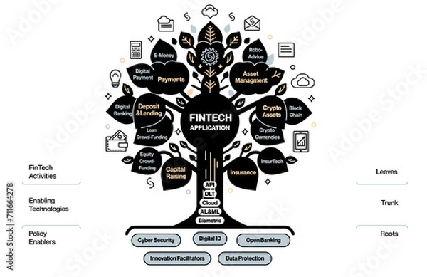 Fototapeta FinTech Application Tree Diagram - Illustrating the Growth and Branches of Financial Technology