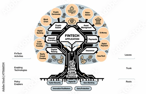 Fototapeta Comprehensive FinTech Application Tree Diagram Showcasing Industry Services and Technologies
