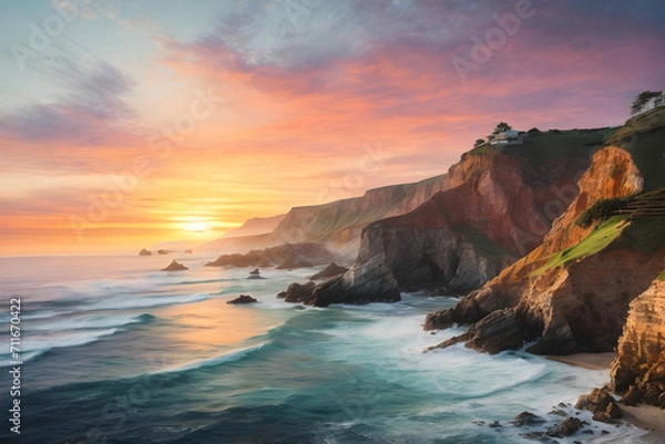 Fototapeta Watercolor painting landscape - beautiful sunset overlooking the ocean. Abstract colorful illustration. Generative AI.