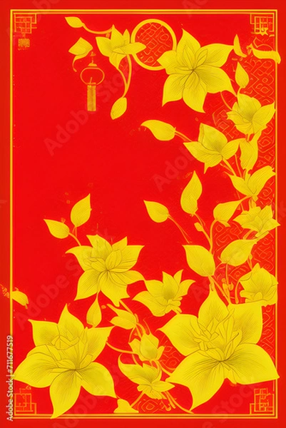 Fototapeta Golden Traditional Chinese new year card style art floral pattern with vibrant blooming flowers hanging from tree branches and leaves Illustration