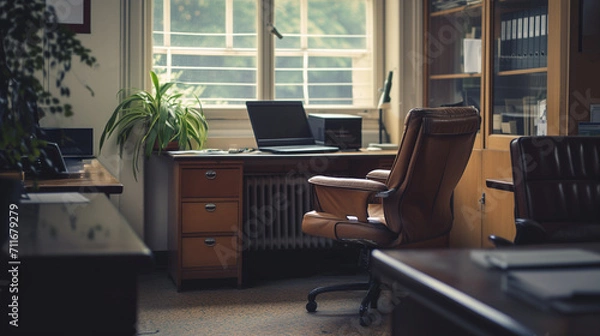 Fototapeta Ein rustikales Büro mit Lederstuhl und Holzschreibtisch
