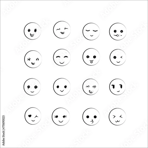 Fototapeta Doodle Emoji face set. Hand drawn sketch style. Emoji with different emotion mood, happy,  smile face. 