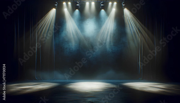 Fototapeta A wide, cinematic shot of an empty stage with atmospheric lighting. The background features