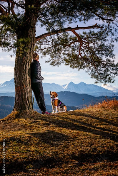 Obraz spending time with a dog during a mountain hike
