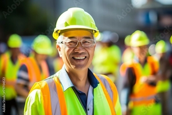 Fototapeta Smiling Construction Manager with Team in Background